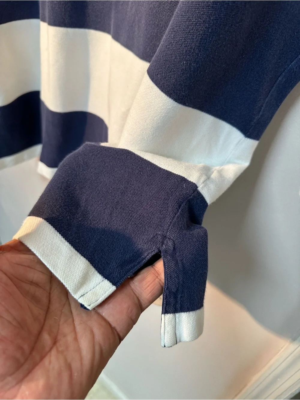 Ralph Lauren Navy and White Striped Rugby Style Polo with Red Pony US Flag